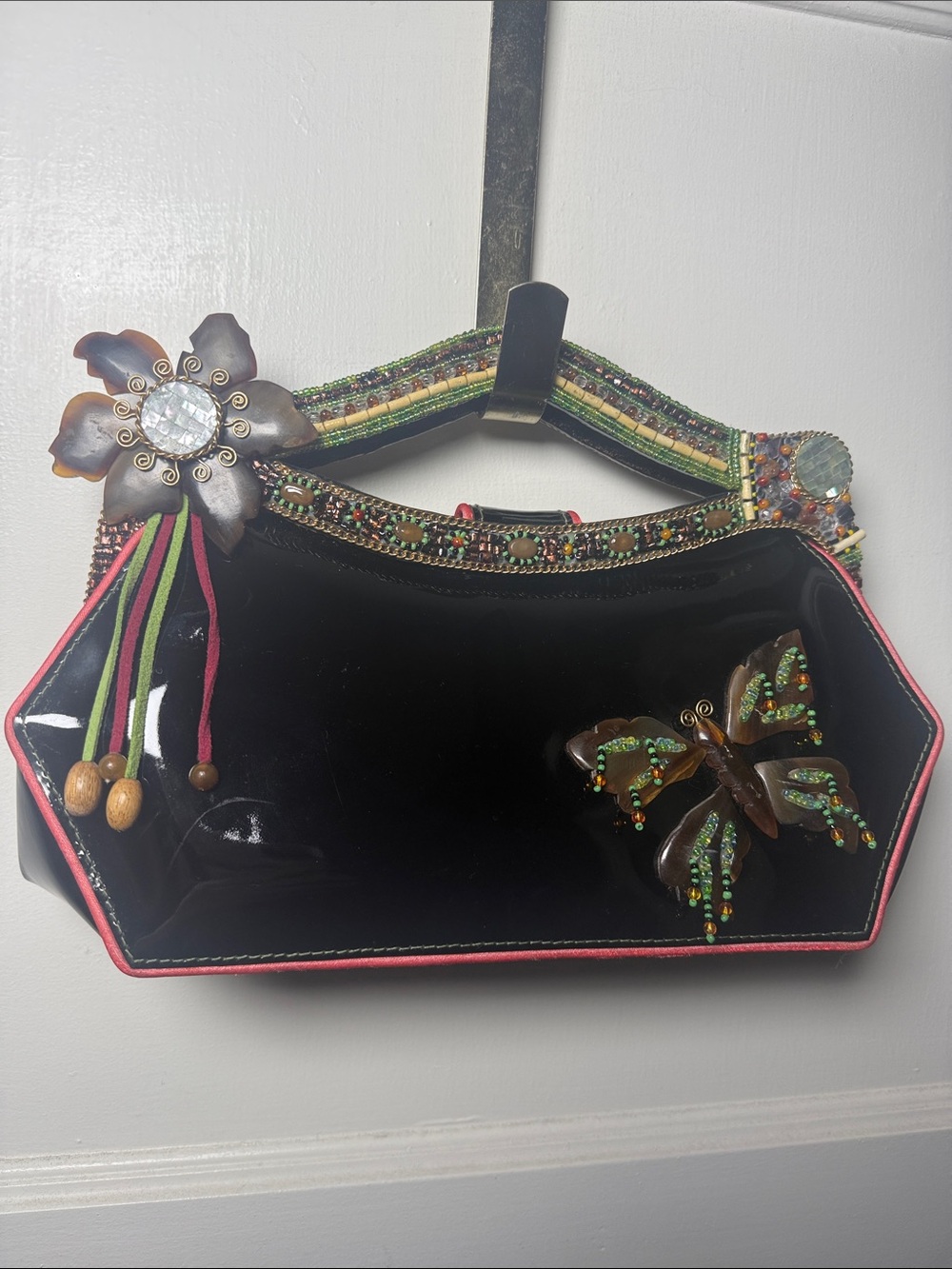 Mary Frances Black Patent Women's Handbag Floral & Butterfly Accents